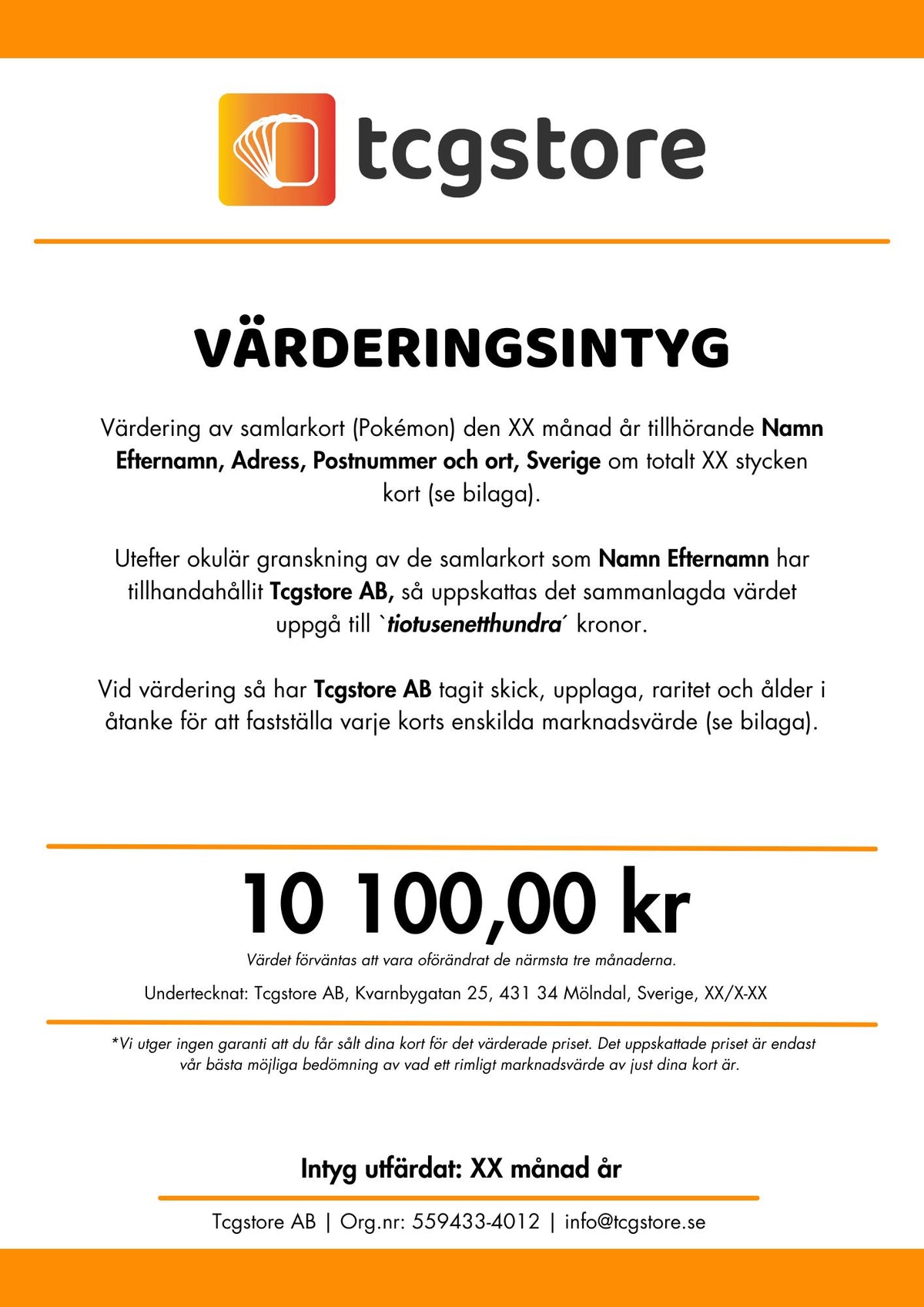 Intyg för värde av Pokemon kort