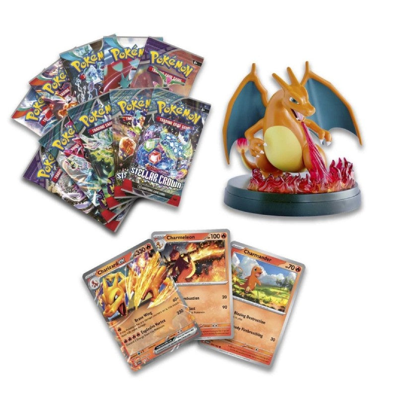 Pokemon Charizard ex Super-Premium Collection box innehållande kort, booster pack och figur