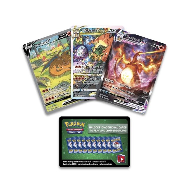 Tre stycken Charizard Pokémonkort V, VSTAR och VMAX med spännande motiv