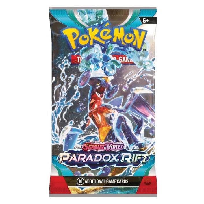Pokémon Scarlet & Violet 4: Paradox Rift Booster Pack med Garchomp omslag.