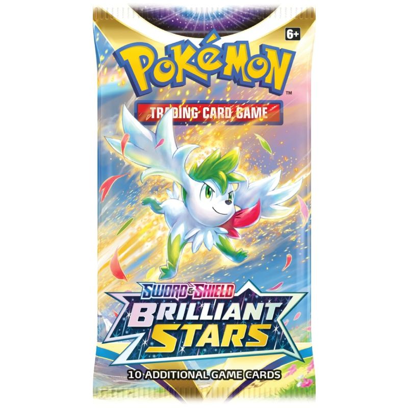 Pokémon kort, brilliant stars booster pack med shaymin omslag, varje paket innehåller 10 kort.
