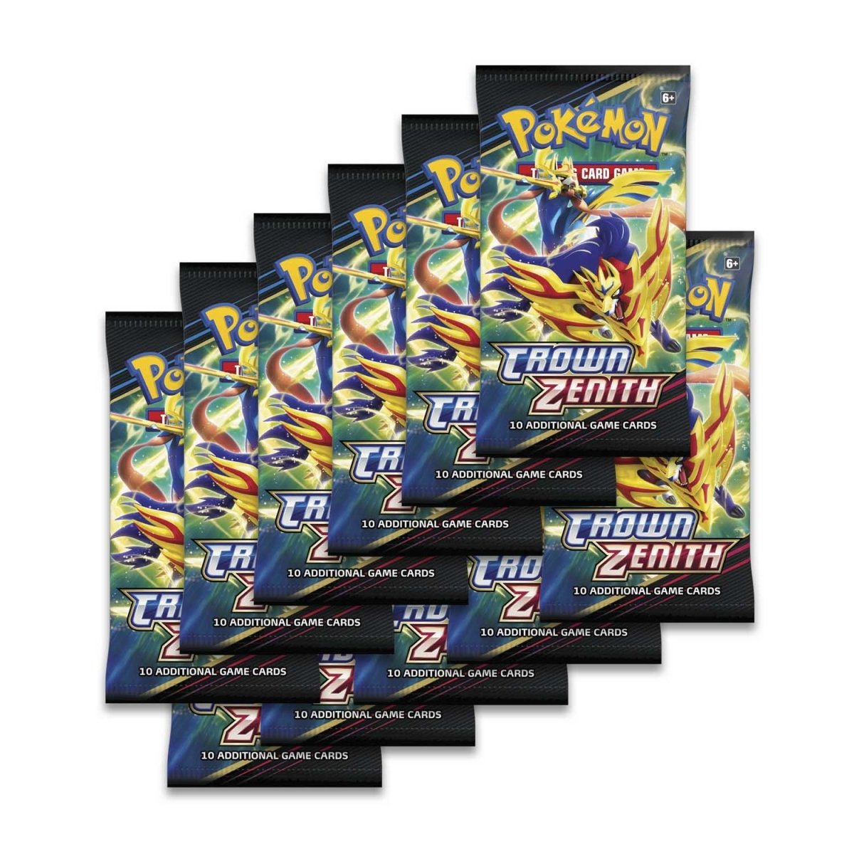 Elva stycken Pokémon Crown Zenith booster pack