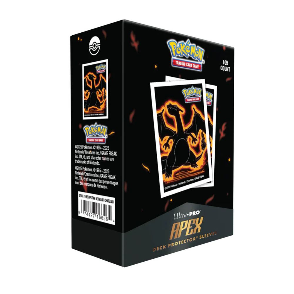 Ultra PRO APEX Deck Protector Sleeves Pokemon Neon Kanto förpackning innehållande Charizard Sleeves