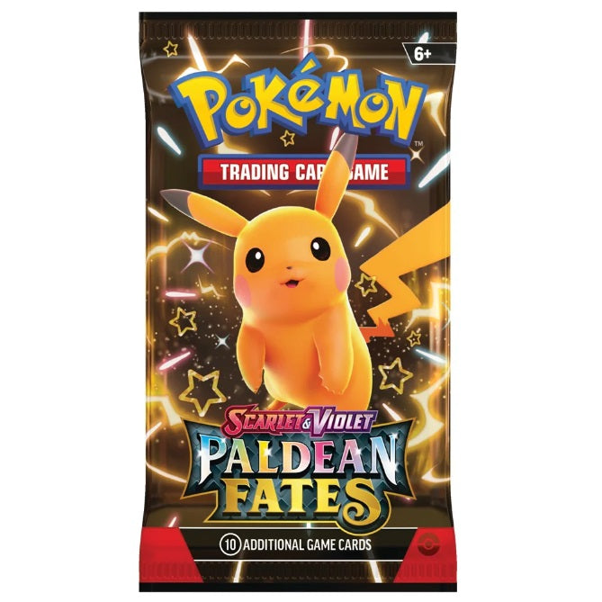 Pokemon Paldean Fates booster pack med pikachu omslag innehållande 10 kort.