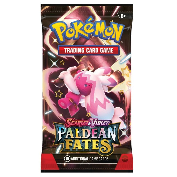 Pokemon Paldean Fates booster pack med tinkaton omslag innehållande 10 kort.
