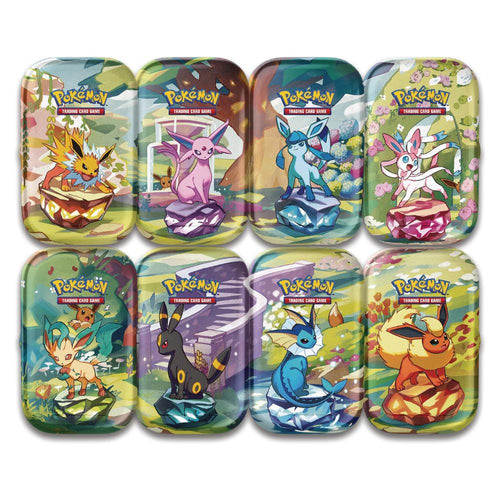 Pokemon Prismatic Evolutions Mini Tin alla olika varianter