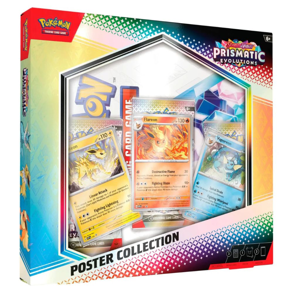 Pokemon Prismatic Evolutions Poster Collection Box med snygga kort av eeveelutions