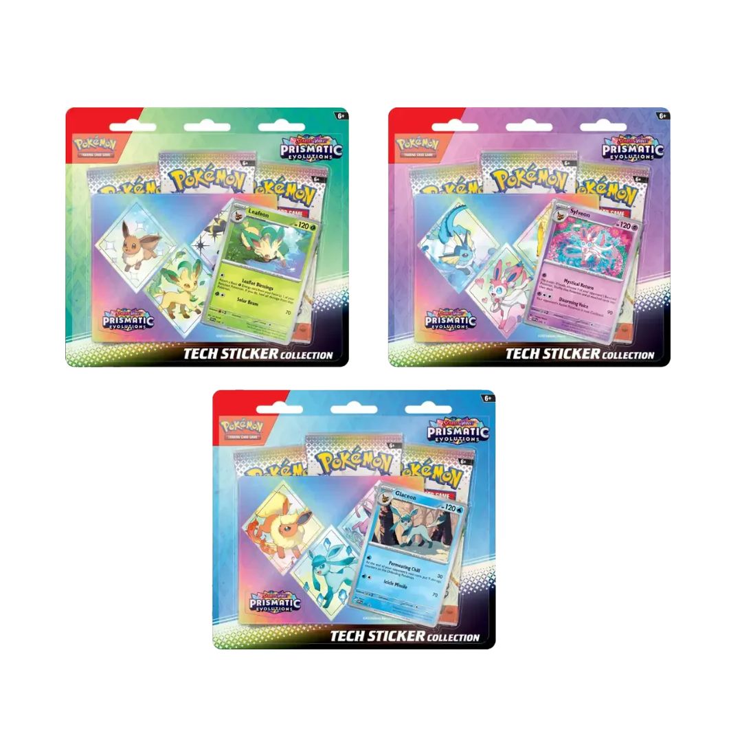 Pokemon Prismatic Evolutions Tech Sticker Collection Blister med snygga kort av Glaceon, Leafeon och Sylveon