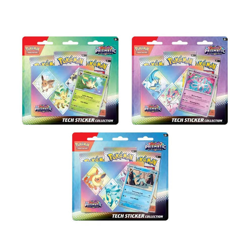Pokemon Prismatic Evolutions Tech Sticker Collection Blister med snygga kort av Glaceon, Leafeon och Sylveon