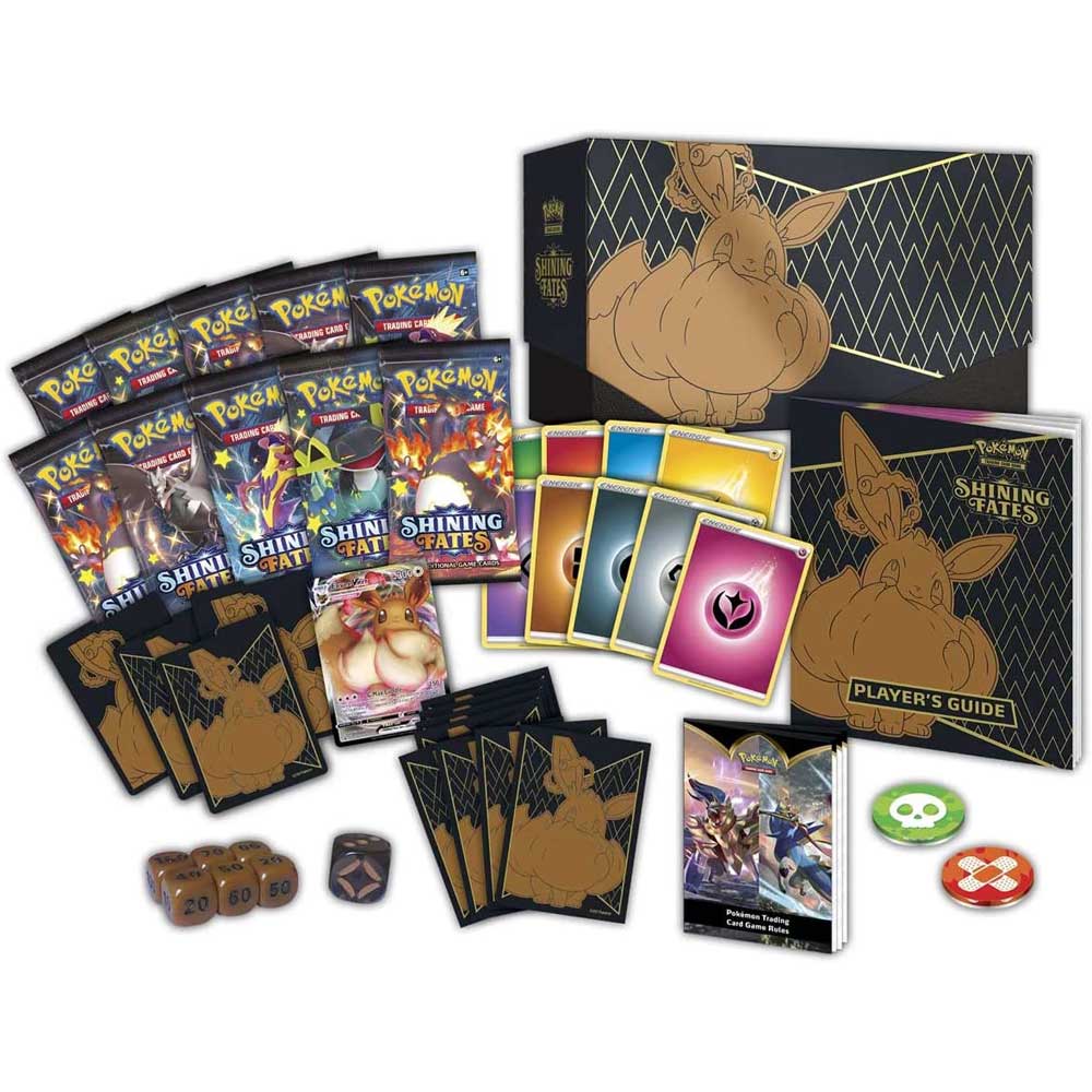 pokemon shining fates etb innehåll, pokemonkort plastfickor spelbok