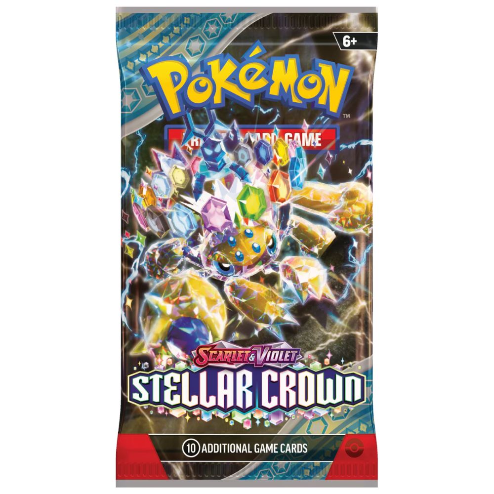 Pokemon Stellar Crown Booster Pack med Galvantula omslag som innehåller tio kort.
