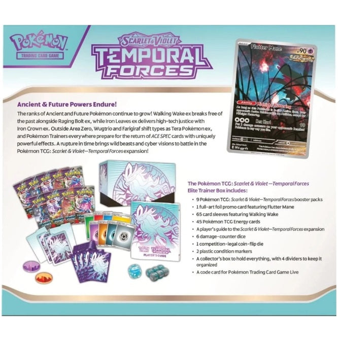 Pokémon Scarlet & Violet 5: Temporal Forces Elite Trainer Box baksida med Flutter Mane kort